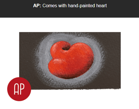 The Hope Tips The Balance design features a hand-painted red heart on a dark background with a gray halo, symbolizing the balance of good and bad. It includes the text AP at the top and a red circle with AP in white letters in the corner.