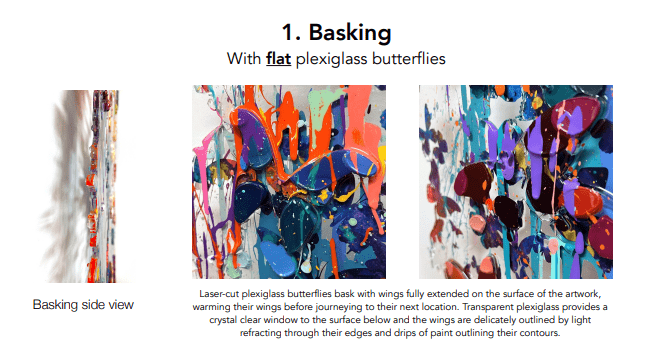 Three images of Alpha Friend, an abstract Miri and Barak Rozenvain piece; left shows a side view, center and right highlight close-up details of vibrant, multicolored flat plexiglass butterflies with layered effects and paint drips.