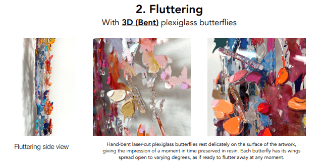 The Alpha Friend by Barak and Miri Rozenvain features an art piece with colorful, hand-bent, laser-cut 3D plexiglass butterflies. These butterflies appear to flutter with varying wing spreads, offering motion and depth from side and front views.