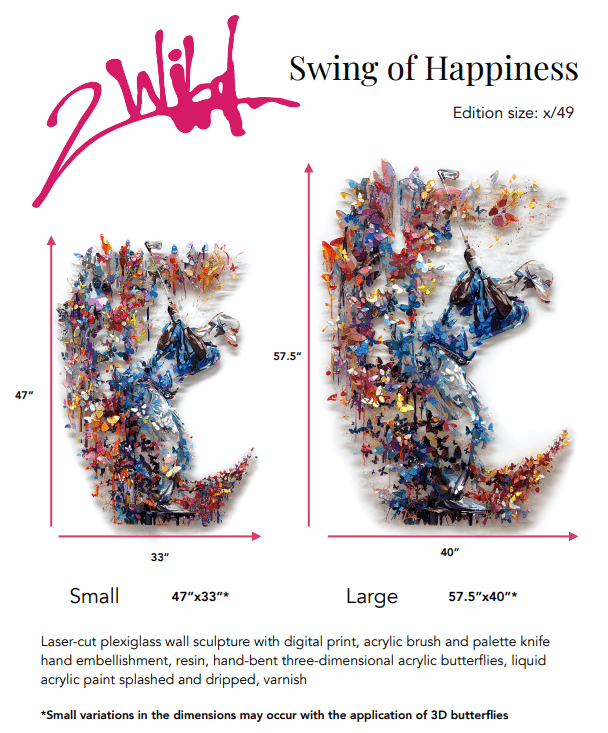 Two vibrant Swing of Happiness laser-cut plexiglass sculptures by Barak and Miri Rozenvain at Marcus Ashley Gallery feature lively butterflies and a swinging figure. Available in two sizes, each edition of x/49 includes acrylic and varnish.