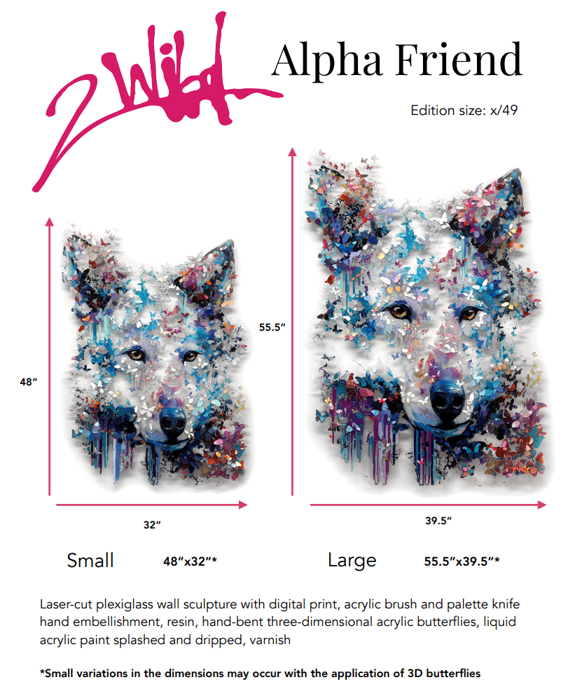 Alpha Friend: A vivid wolf sculpture by Miri and Barak Rozenvain, crafted from laser-cut plexiglass with colorful paint splashes and 3D butterflies. Available in small (48x32x2 cm) and large (55.5x39.5x2.5 cm) sizes.