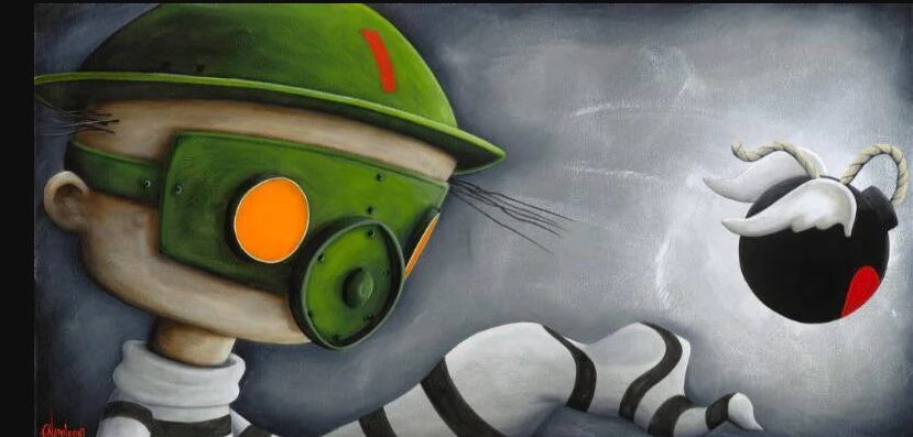 A stylized illustration from Jimmys Revenge depicts a character in a green helmet and mask with orange lenses, extending a hand toward a cartoon bomb with a lit fuse against a textured gray background.