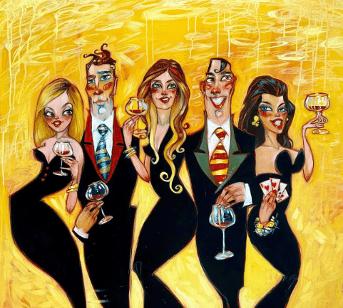 Heights of Your Halos, from Todd White, showcases five stylized figures in formal wear amidst a vibrant yellow background. The cartoonish, exaggerated characters imbue a lively retro style, fitting for a limited edition release.