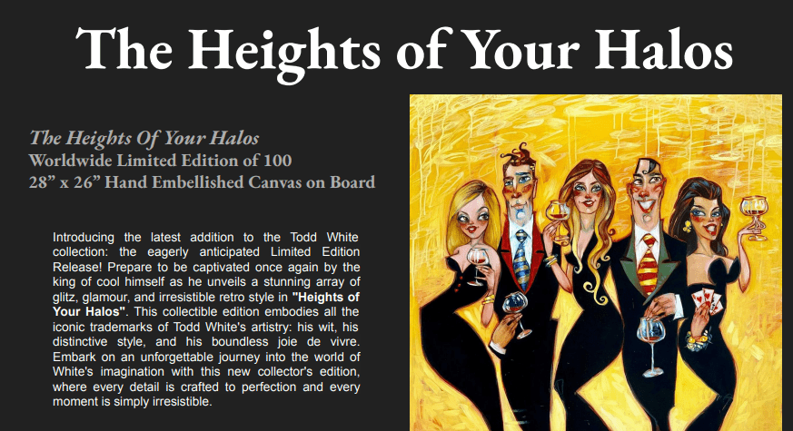 The artwork *Heights of Your Halos* by Todd White depicts five stylish partygoers with exaggerated features raising glasses. Part of the Todd White collection, this limited edition canvas showcases a retro style flair.