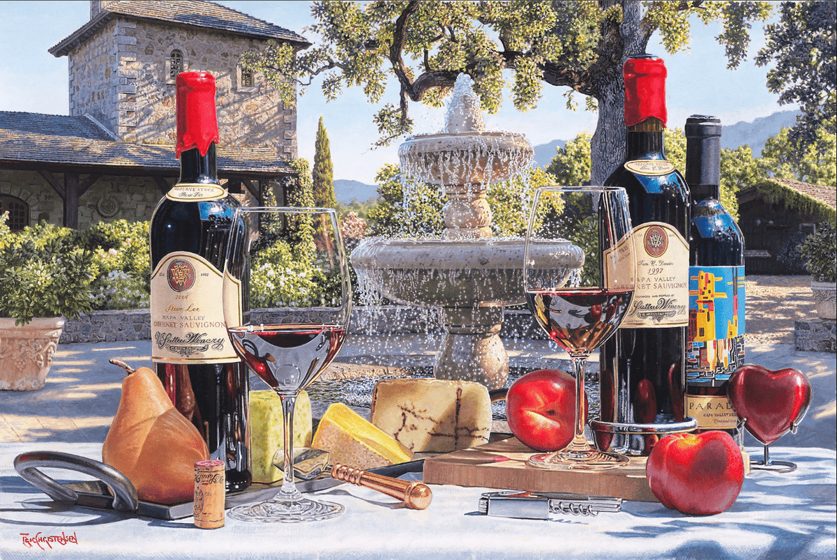 A hyperrealistic scene at a picturesque winery features Heart of Napa bottles with glasses, assorted cheeses, apples, and peaches on a wooden board. In the background are a stone building and fountain surrounded by lush trees and mountains. A wine opener is nearby, inviting Eric to indulge.