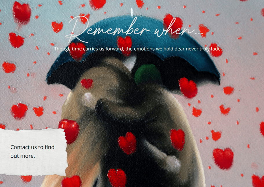 A romantic scene of a couple embracing under an umbrella with falling petals evokes a handcrafted feel. Featuring the text Remember When... and contact info, it creates a unique masterpiece of love and nostalgia in our new release, Remember When ~ New Release.