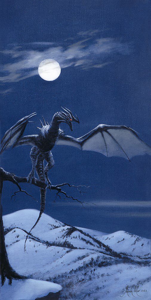 In a wintry scene, the Snow Dragon with outstretched wings sits on a bare branch beneath a full moon, framed by snow-topped hills in the background.