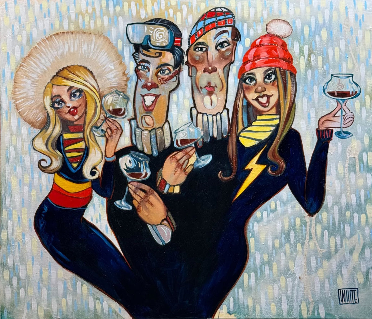 The original oil on canvas titled Snow Flurry features a whimsical scene of four people in patterned winter attire, holding wine glasses as a gentle snow flurry surrounds them. Their exaggerated features and light-toned abstract background enhance the festive, colorful atmosphere.