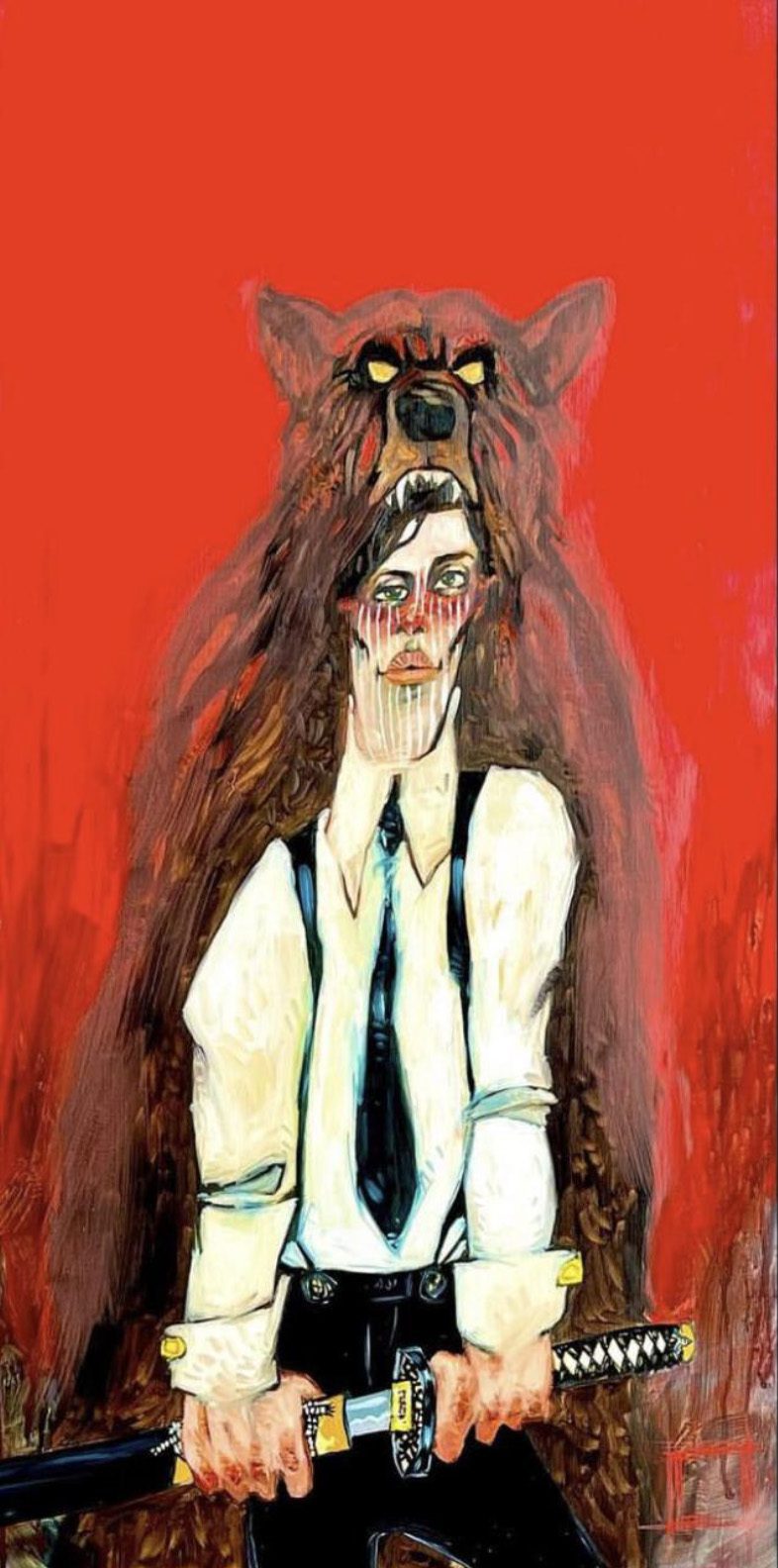 The artwork Spirit State recalls Todd Whites style, showing a formally dressed person with a sword. A large wolf looms behind them, its head merging with theirs for a hybrid look. The bold red background enhances the drama and suggests a powerful spirit animal connection.