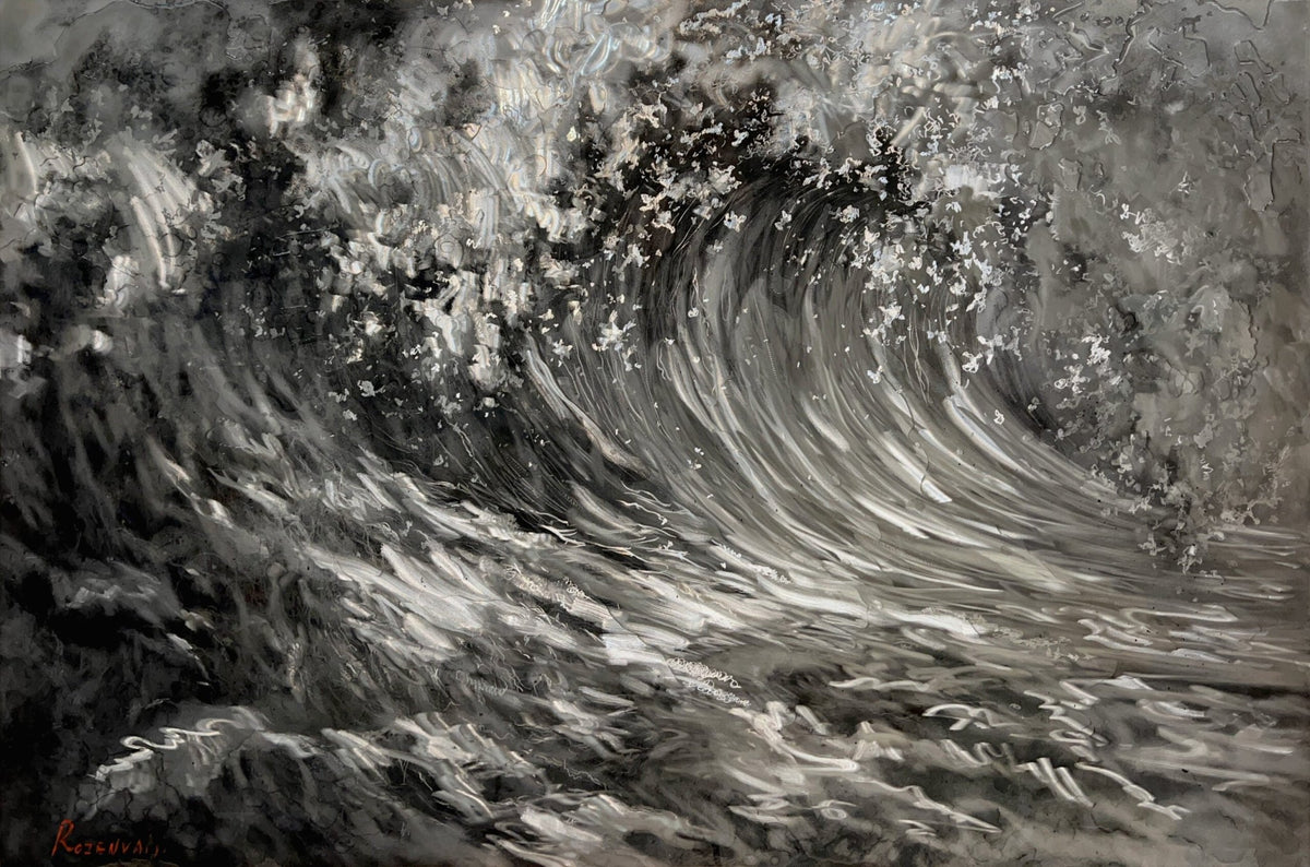 Spirit of the Ocean is a dramatic black and white mixed media artwork depicting an ocean wave captured mid-curl with frothy splash details. The movement and intensity are palpable, contrasting sharply with the dark background in a style reminiscent of Michael Rozenvains dynamic compositions.