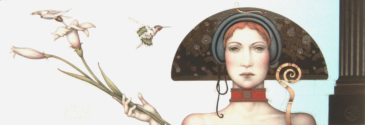 The limited edition print Spring by Michael Parkes Art features an Art Nouveau style illustration of a woman with an ornate headdress holding white lilies, a hummingbird nearby, abstract elements, and a right-side column. It uses soft, muted colors that evoke the feel of a spring lithograph.