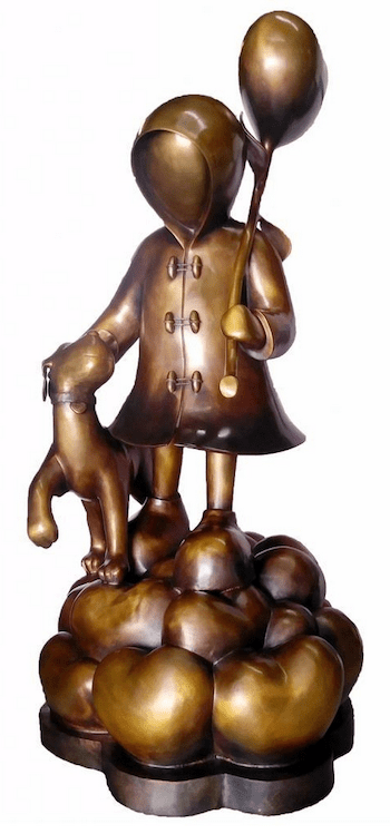 Limited edition bronze sculpture Stepping Stones by Mackenzie Thorpe features a child in a hooded coat with a dog and balloons, standing on a cloud-like base. The piece embodies the foundation of love with smooth, rounded shapes in a whimsical, surreal design.