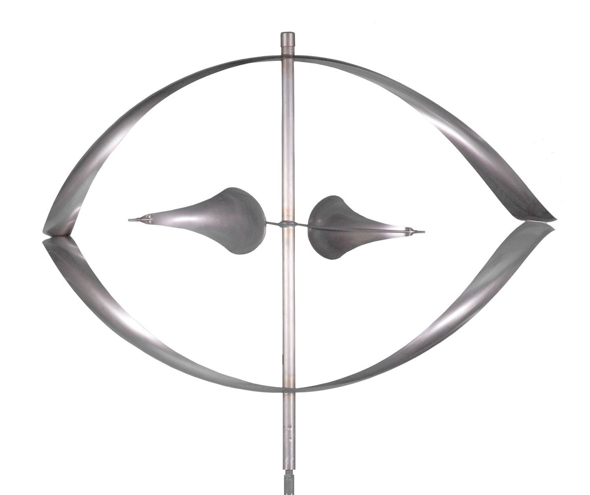 The Stream - Stainless Steel sculpture features a vertical metal rod with two horn-like shapes centered within an abstract, symmetrical design of curved, leaf-like structures forming an elliptical outline, all set against a plain white background.
