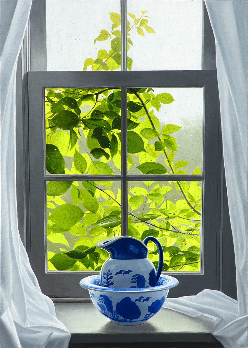 The Alexander Volkov painting Summer Rain captures a serene scene with vibrant green leaves outside a window. Inside, a blue and white ceramic pitcher sits in a matching bowl on the windowsill framed by white curtains, showcasing Marcus Ashley Gallerys realism style.
