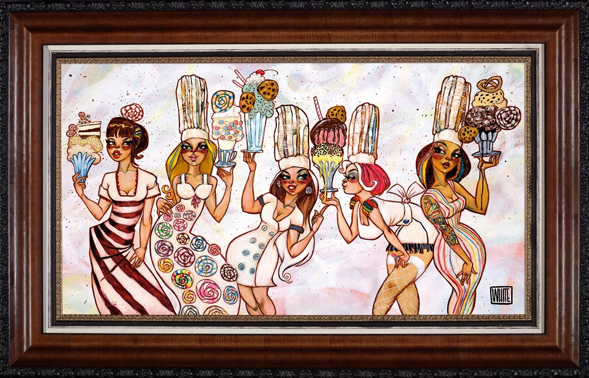 Sweet Dreams is a limited edition giclee painting showcasing five women in whimsical outfits, each wearing pastry-themed hats and holding desserts. Set against a confetti-like backdrop, this piece reflects Todd Whites figurative expressionist style and is framed with ornate wood.