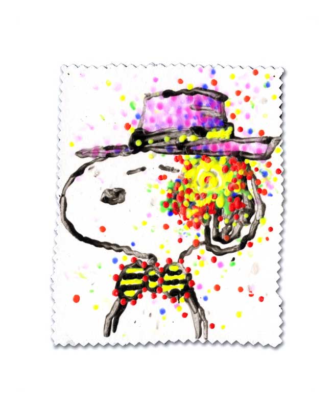 A colorful drawing of a beagle inspired by Tom Everharts Tahitian Hipster III shows the pup wearing a pink hat with a yellow band and striped bow tie. With a vibrant backdrop and multicolored spots, this playful scene exudes island sophistication.