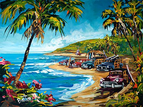 The Line Up vividly captures coastal living with vintage woodie cars along a sandy shore, surfboards leaning against them. Palm trees and lush greenery frame gentle waves under a bright blue sky, celebrating beach culture.