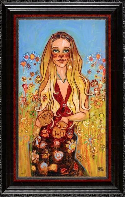 The Lioness painting showcases a woman with long hair holding a small animal against vibrant stylized flowers, similar to Todd White art. Her red and black attire is bordered decoratively, reminiscent of pieces at Marcus Ashley Fine Art Gallery.