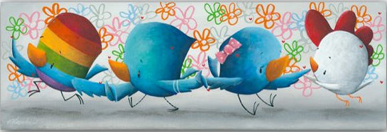 Four vibrant cartoon birds dance together; one wears a rainbow hat, another is simply blue, a third has a pink bow, and the last flaunts red feathers. Set against colorful abstract flowers, The More the Merrier captures Fabio Napoleonis charm at Marcus Ashley Gallery.
