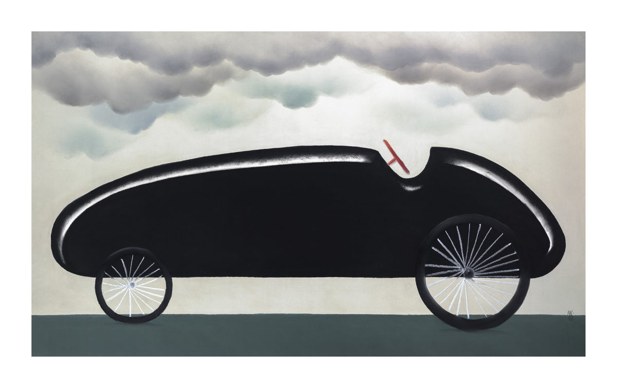 A sleek, black vintage car with large spoked wheels against swirling clouds dominates The Phantom. This original pastel artwork, reminiscent of Mackenzie Thorpes evocative style, highlights the cars elegant silhouette and minimalistic design.