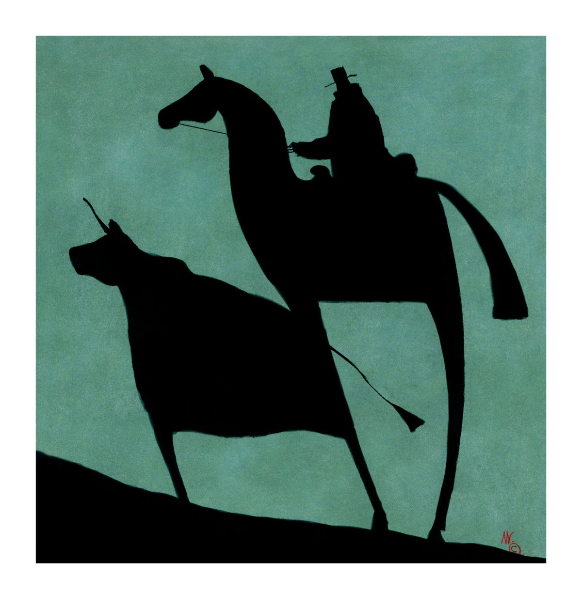 2 black horses riding up a hill together pastel art by mackenzie thorpe
