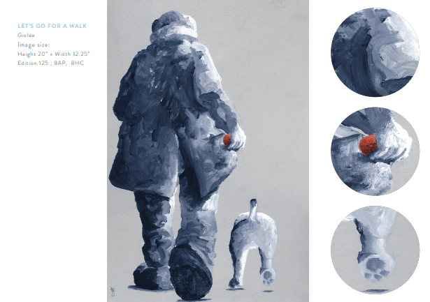 Let’s Go For A Walk features impressionistic art of a person in a coat and boots walking their dog away. Close-ups highlight Mackenzie’s hand gripping a red object, the dogs tail, and paw.