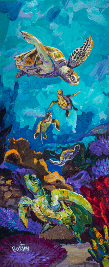 The Honu Family artwork captures sea turtles swimming amid vibrant corals and marine life, with energetic blues, purples, and oranges reminiscent of a Steve Barton masterpiece.