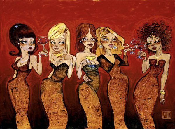 The Devils In The Details by Todd White Art, available at Marcus Ashley Art Gallery, features five women in patterned brown strapless dresses holding drinks. Each has unique hairstyles and expressive poses against a warm red background with exaggerated features.