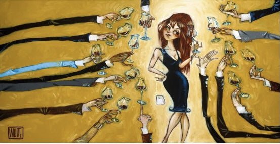 A woman in a blue dress confidently stands at the center, surrounded by raised glasses in a toast, reminiscent of Todd Whites Silly Men, Girls Dont Pay Lovingly. The warm golden hue enhances the celebratory vibe, similar to figurative impressionist prints at Marcus Ashley Gallery.