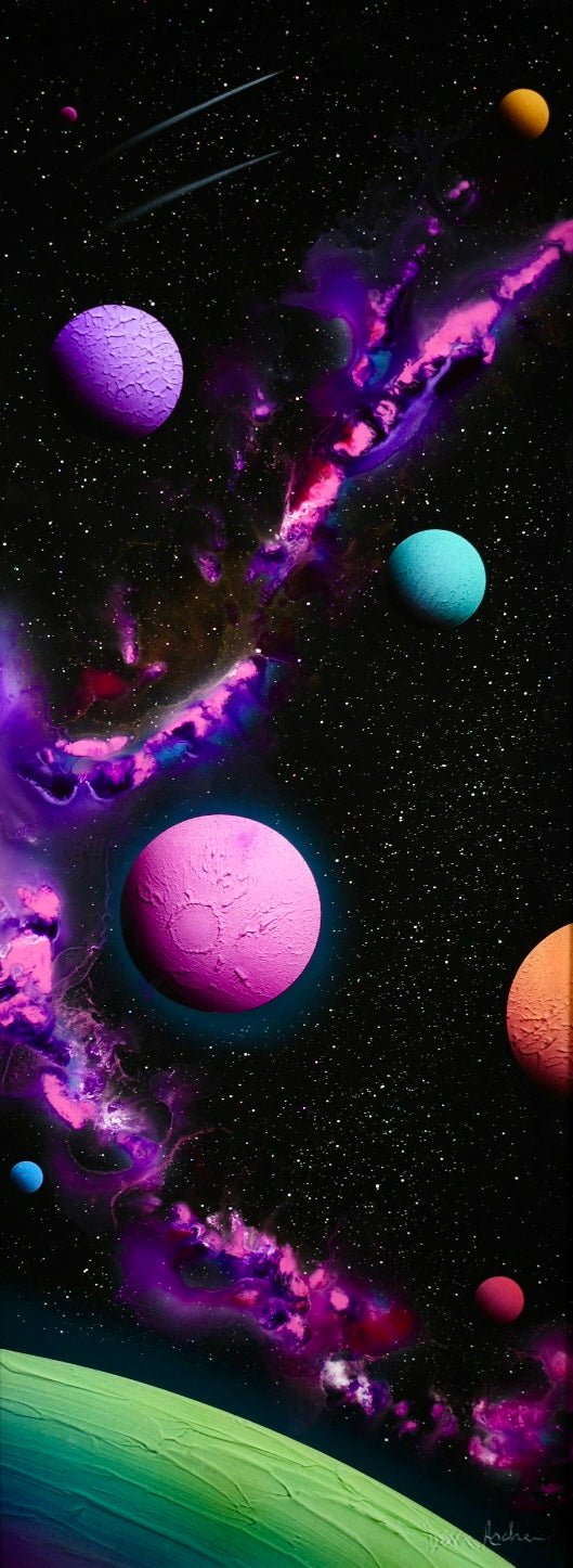 The Top Class features a cosmic scene with colorful planets and swirling nebulae against a starry backdrop, showcasing vibrant pink, orange, blue, teal, and green planets alongside a striking purple planet and bright purple and pink nebulae.