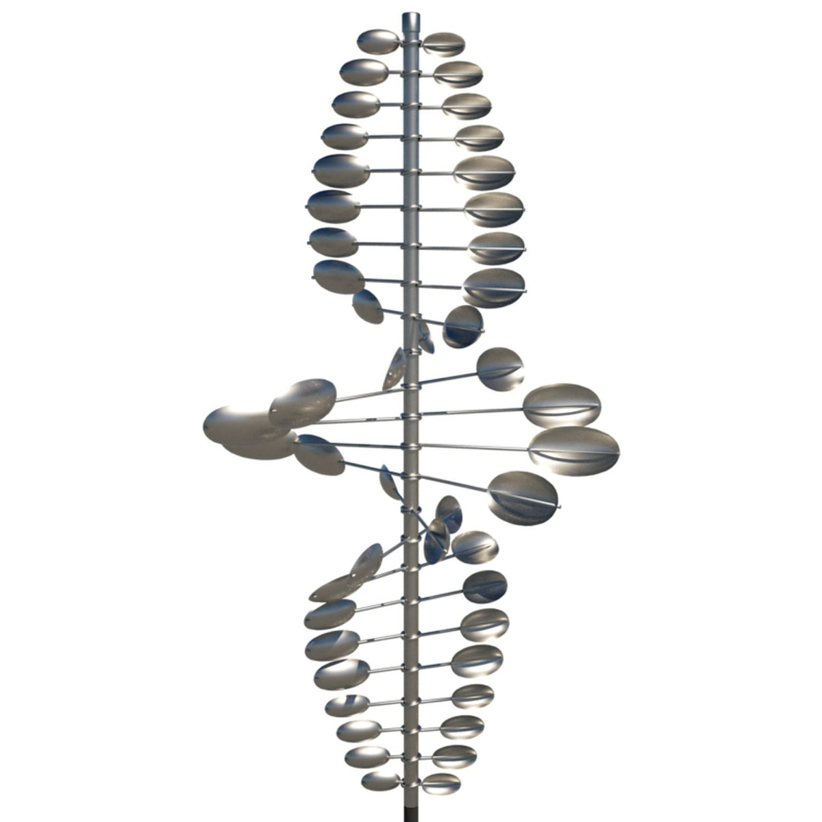 The Twister Oval - Stainless Steel is a metal wind sculpture featuring two vertical spirals of oval-shaped discs. Made from stainless steel, it captures the wind for dynamic kinetic art reminiscent of Lyman Whitakers designs against a plain white background.