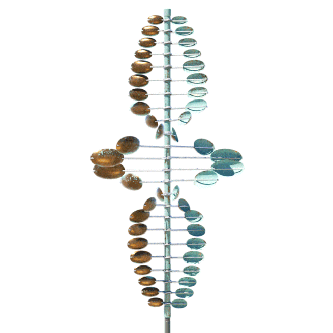 Animated gif of a spinning metal sculpture with ovals on the ends of rods called Twister by Lyman Whitaker.