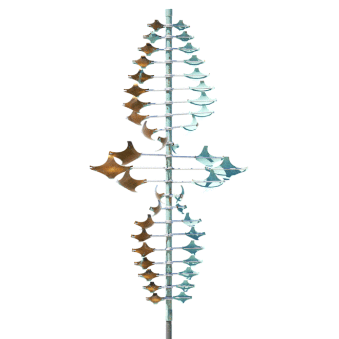 Animated gif of the spinning Twister sculpture with stars on the ends of metal rods by Lyman Whitaker.
