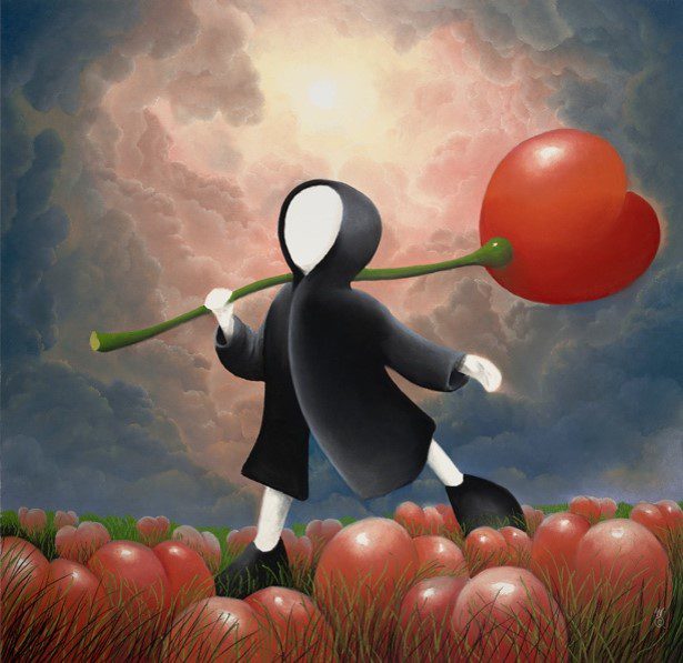 Wearing a black cloak, a faceless figure carries a large red flower over its shoulder in Mackenzie Thorpes Fields of Love. A dramatic sky with swirling clouds adds to the ethereal atmosphere, capturing the charm of pastel art.