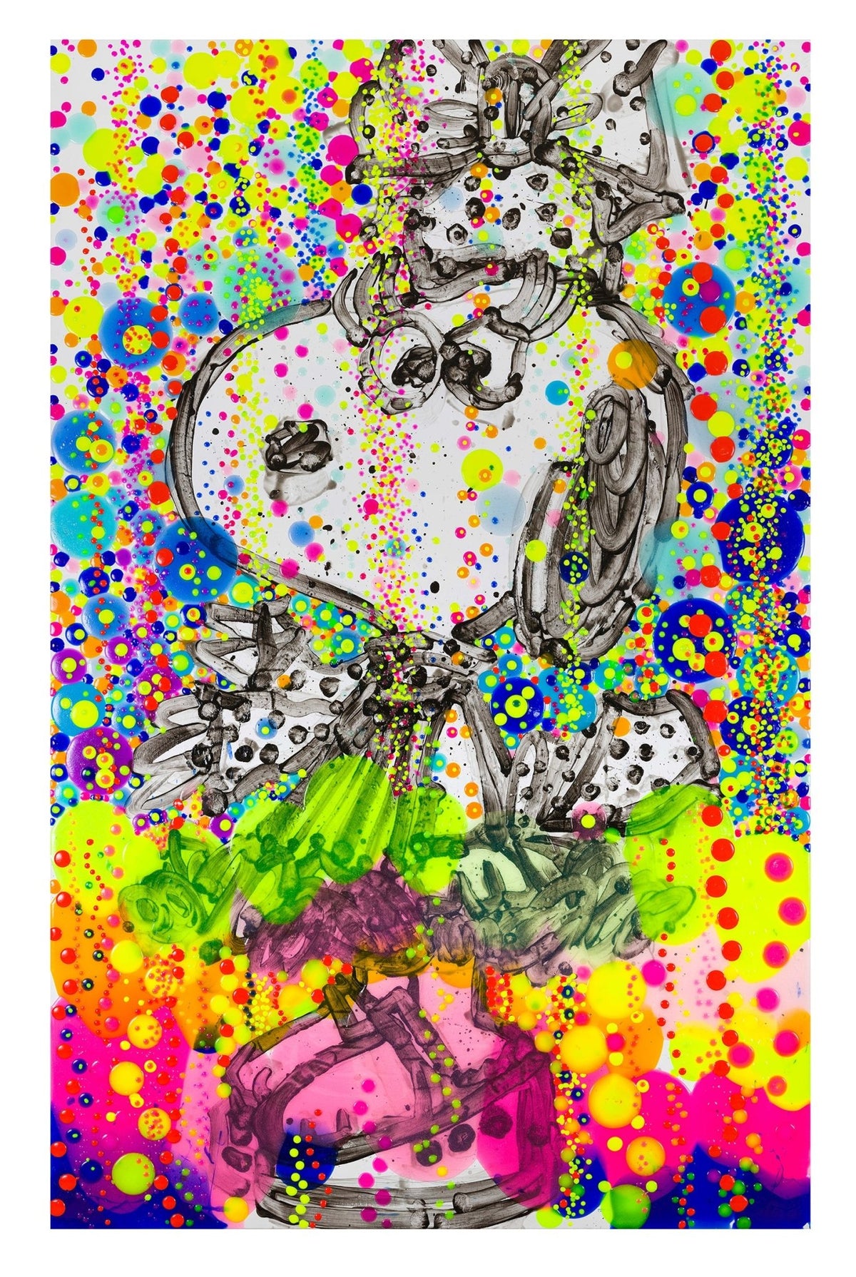 The vibrant Uptown Art Lady bursts with multicolored dots and splashes of blue, yellow, pink, and orange. Featuring a cartoon dog in a polka dot outfit reminiscent of Snoopy art, it captures the playful essence of pop art in an abstract style.