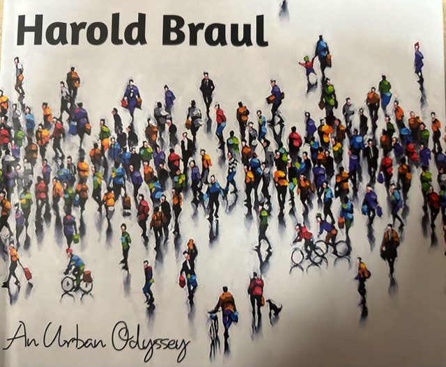 A colorful painting shows people and cyclists from above, with vibrant figures on a white background. Harold Braul marks the creator at the top, and An Urban Odyssey, ideal for urban landscape art book collections, is inscribed below.