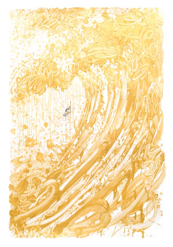 The Venice Moon Dogg E 3 is an abstract artwork with bold, swirling golden brushstrokes resembling a large wave. A small figure surfs amid the dynamic patterns, capturing art enthusiasts attention and adding scale and motion reminiscent of Tom Everharts style.