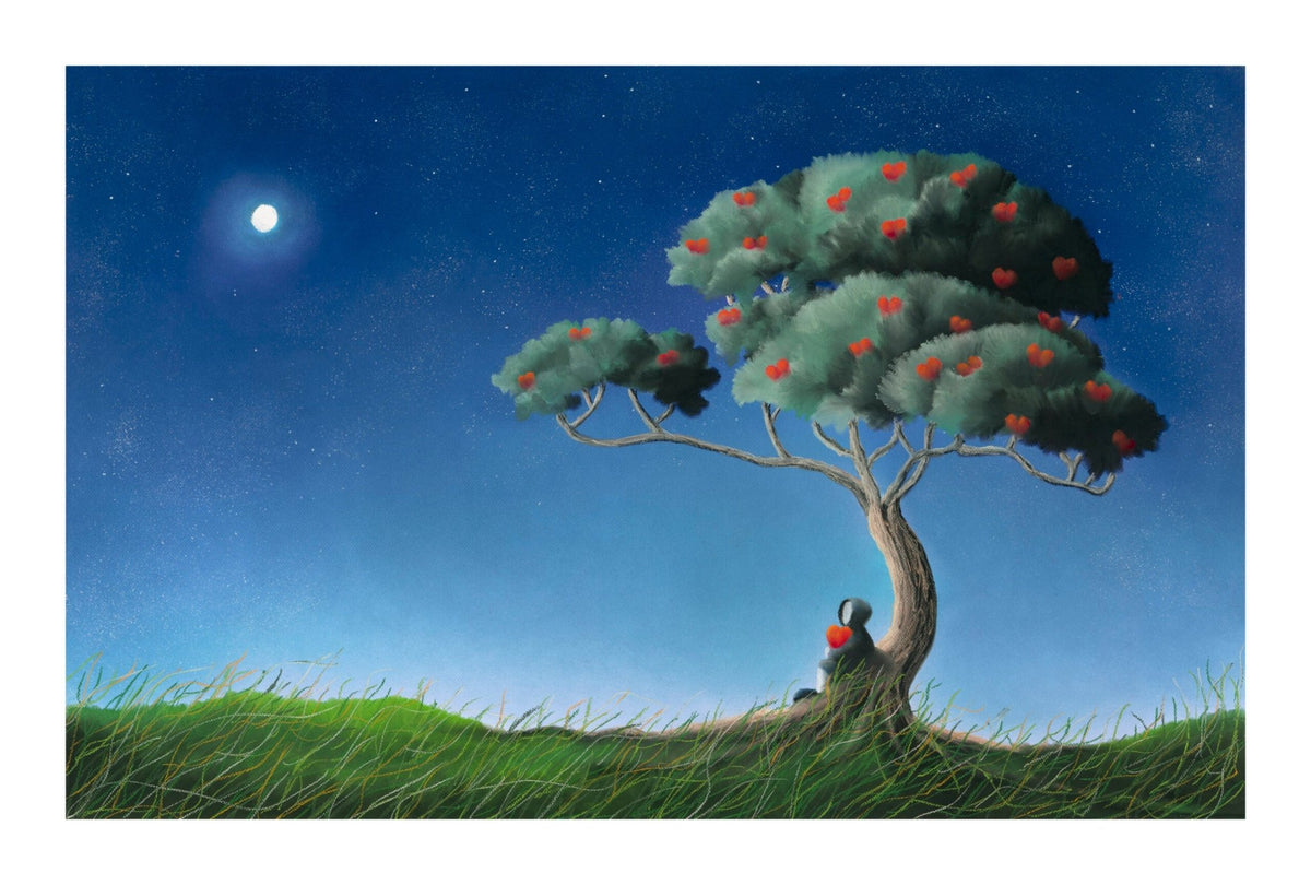 Where Love Grows by Mackenzie Thorpe depicts a peaceful night with a person resting against a tree under stars. Heart-shaped fruit signifies love and growth, while the bright moon casts tranquility over the grassy field, capturing the essence of original pastel artwork.