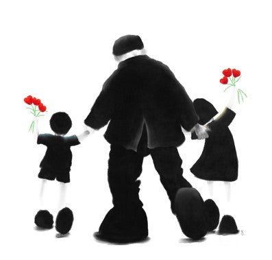 The artwork When Love Comes Around captures an adult holding hands with two children, each carrying red bouquets, embodying family bonds and love in Mackenzie Thorpes style. The striking figures are depicted in black against a white background.