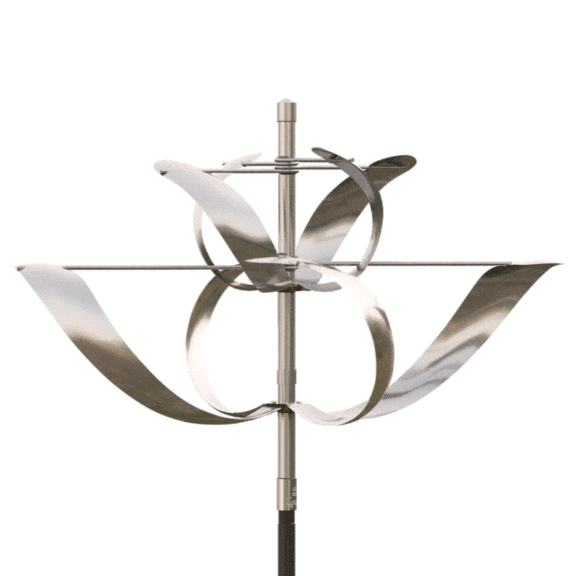 Stainless steel version of the spinning outdoor Wind Flower sculpture by Lyman Whitaker.