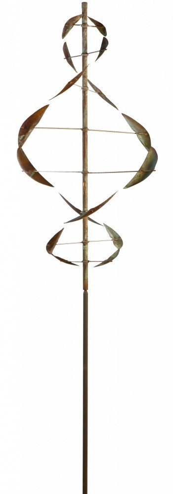 The Wind Dancer features a tall metal base with a vertical rod, reminiscent of Lyman Whitakers sculptures. Its curved blades spiral elegantly in opposite directions with a bronze-like finish, creating an intricate symmetrical design akin to Marcus Ashley Gallerys captivating pieces.