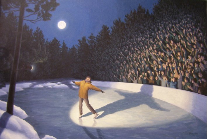 Beneath the full moon, a figure in a yellow jacket elegantly skates on the frozen pond—now a Woodland Arena. The scene evokes Rob Gonsalves art as an eager crowd watches from snowy banks, surrounded by towering trees.