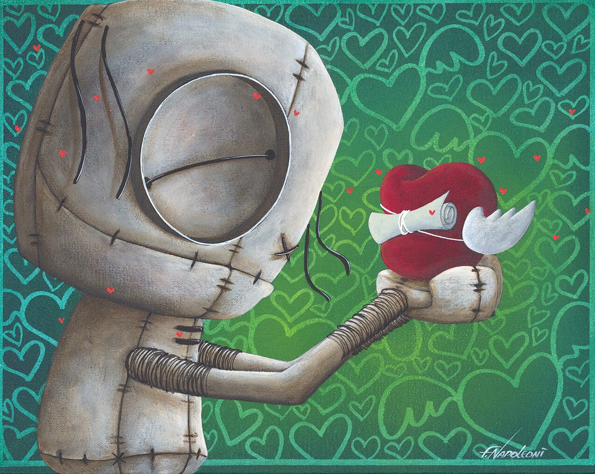 The Words From My Heart artwork features a whimsical, stitched doll-like figure gently holding a small red heart with wings containing a rolled-up scroll against an abstract backdrop of heart shapes.