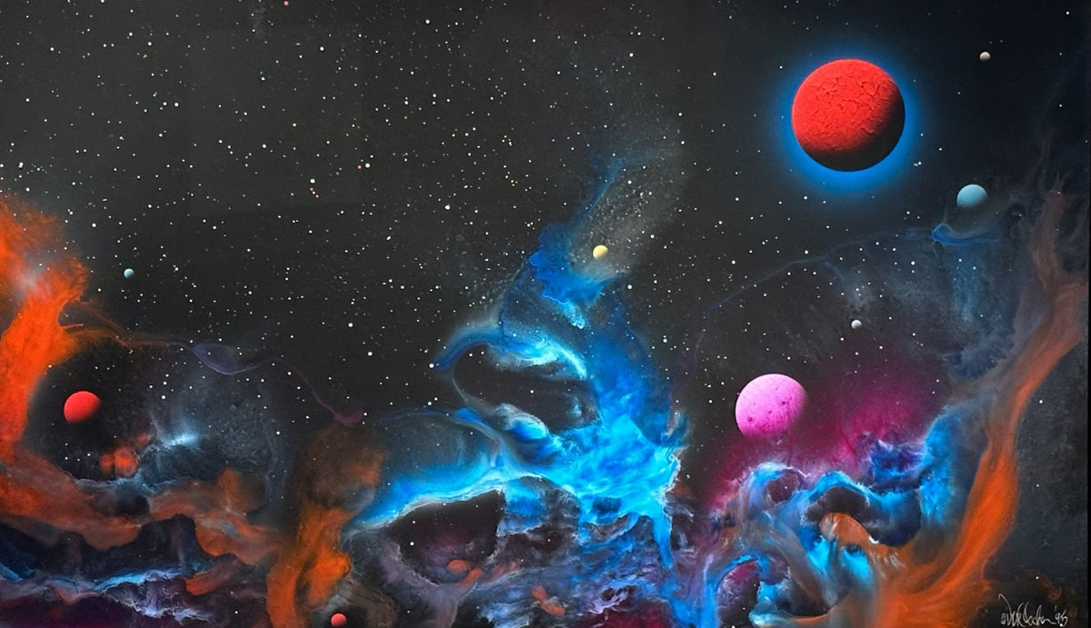 The Lunam Moonlight showcases a vibrant cosmic scene with swirling blue, orange, and pink nebulae radiating energy, star clusters, and various planets—including a striking red planet—set against a deep, star-filled space backdrop.