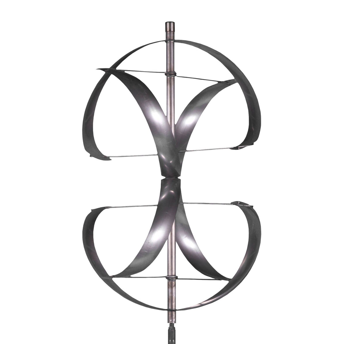 The Zephyr - Stainless Steel is a vertical wind turbine with a sleek, double-helix design reminiscent of Lyman Whitakers art. Its metallic blades are curved and symmetrical, resembling wind sculptures while efficiently harnessing wind energy.