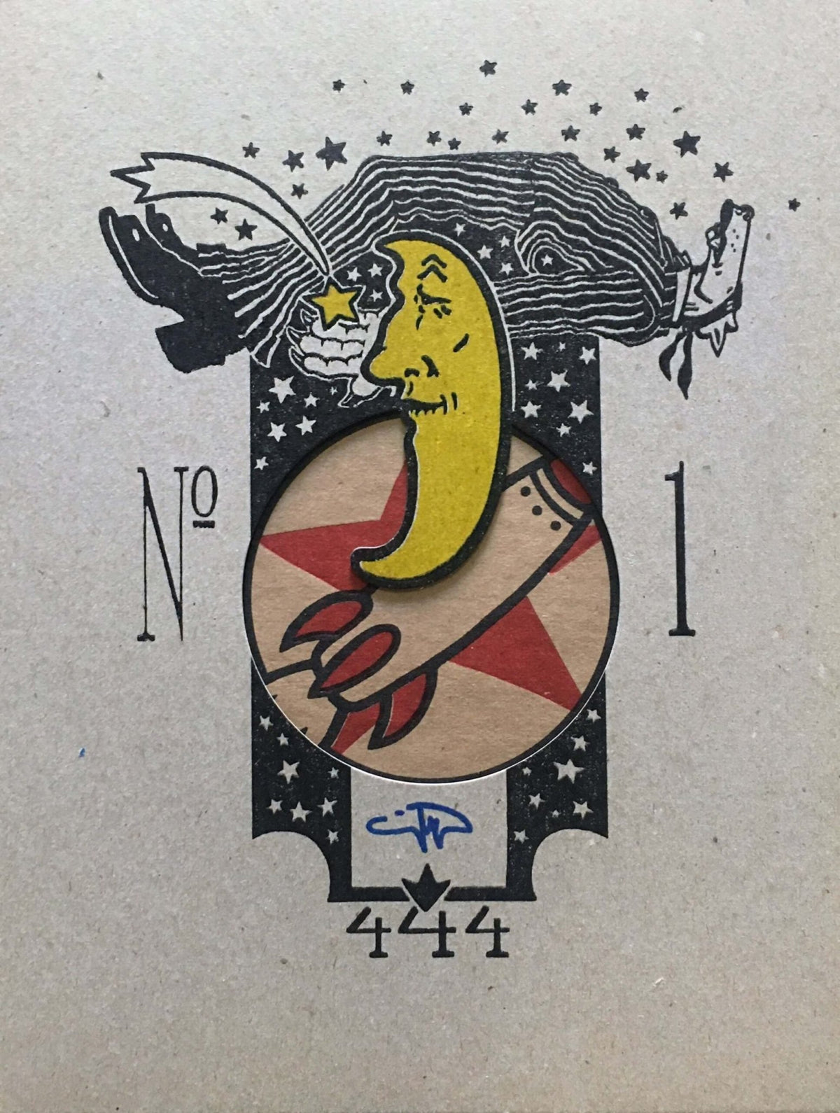 An illustration of a crescent moon with a starry hat reminiscent of Joni Mitchells song features in A Boy and His Rocket by Markus Pierson. The moon, like a performer with red nails and large nose, sits on a circular background with a red star. Text reads No 1 and 444 below.