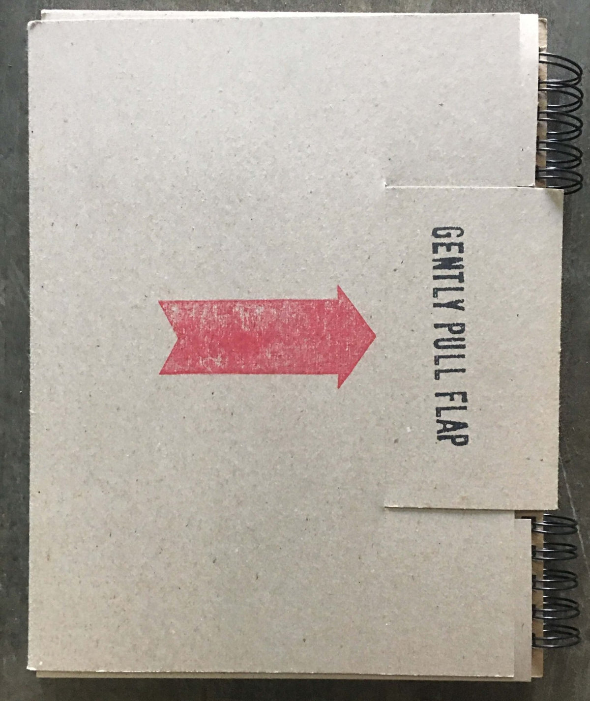 A spiral-bound notebook from the Coyote series features a cardboard cover with a large red arrow pointing right, and the text GENTLY PULL FLAP in black, capturing the subtle allure of art galleries. This product is named A Boy and His Rocket - Markus Pierson.