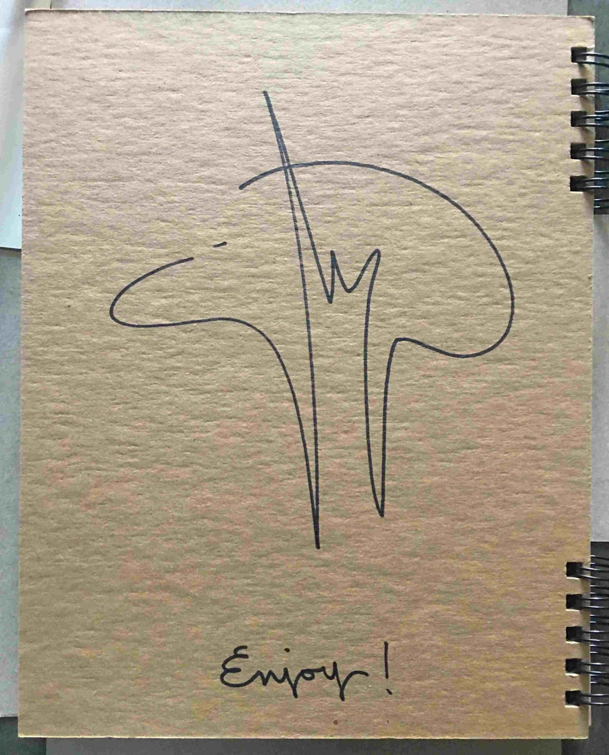 A stylized abstract design on a brown notebook page evokes A Boy and His Rocket by Markus Pierson, echoing the Coyote series or a Joni Mitchell song. Below, Enjoy! is elegantly penned in cursive. The notebook features spiral binding on the right side.