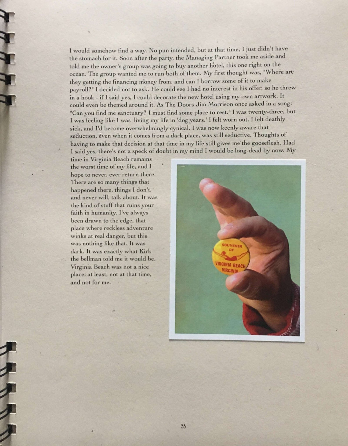 A hand, reminiscent of A Boy and His Rocket by Markus Pierson, holds a small orange object with Virginia Beach printed on it. The focused hand stands out against a beige background, with partially legible text on the left.