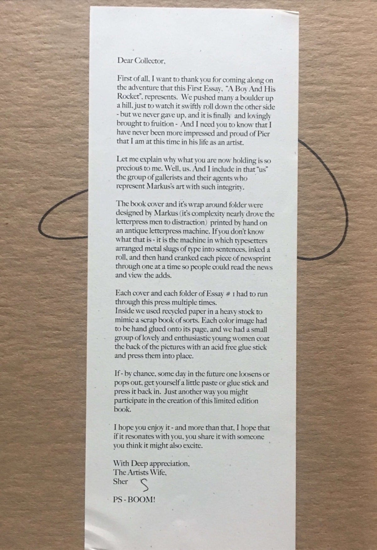 In a heartfelt letter, the artist reveals how Markus Piersons influence and meticulous design shaped A Boy and His Rocket. The emotional journey echoes a Joni Mitchell song. Signed, The Artists Wife, Sher.